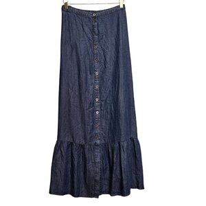 Chambray Cottagecore Boho Country Button-Down Denim Maxi Skirt Ruffle Hem L